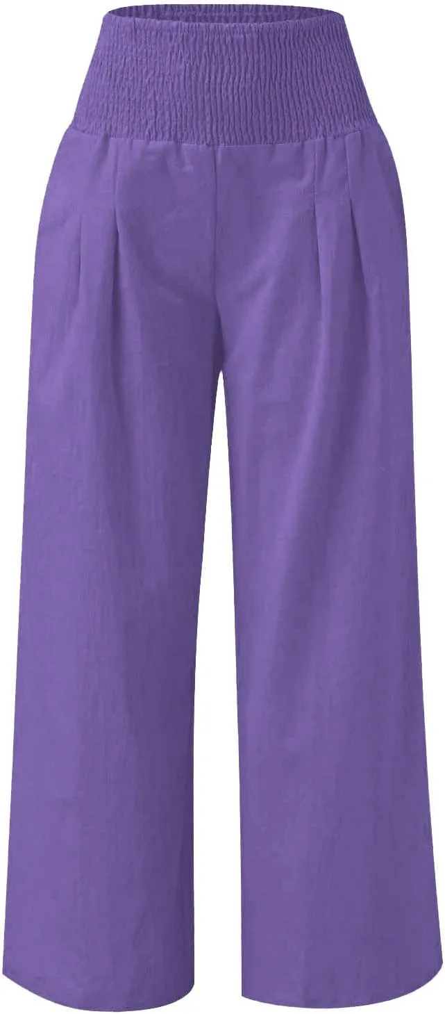 Palazzo Pants for Girls Summer Casual Linen Smocked High Waist Wide Leg Trousers Travel Vacation Pant with Pockets