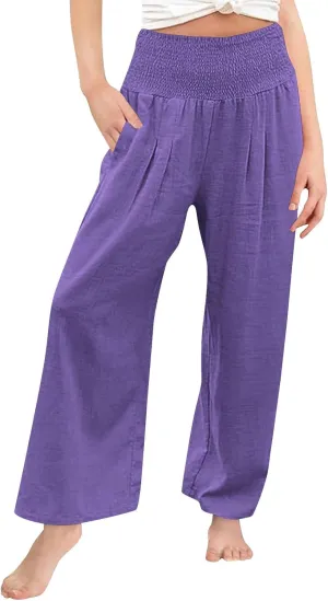 Palazzo Pants for Girls Summer Casual Linen Smocked High Waist Wide Leg Trousers Travel Vacation Pant with Pockets