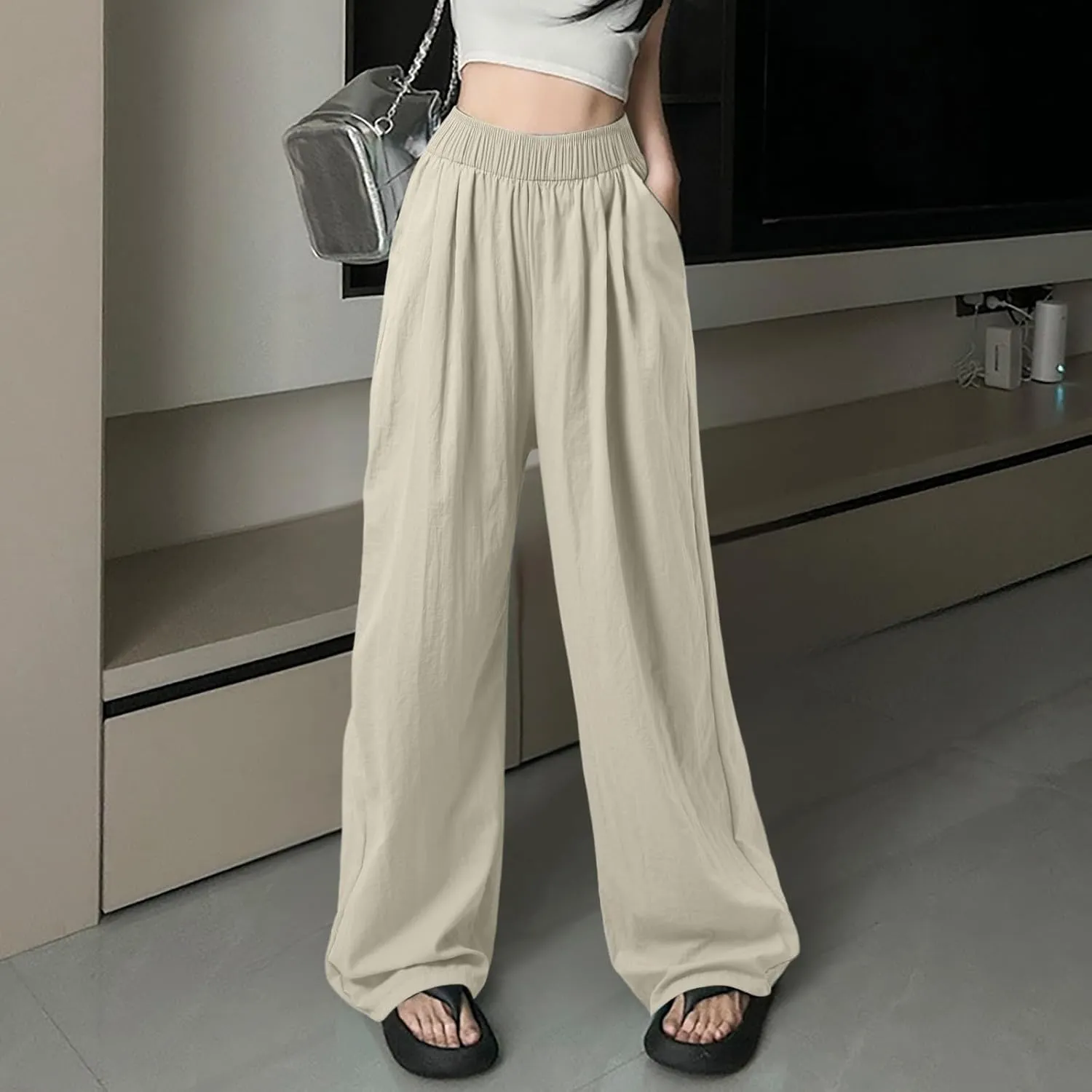 Palazzo Pants for Women Summer Casual Loose Fit High Elastic Waisted Tummy Control Pants Stretch Wide Leg Trousers