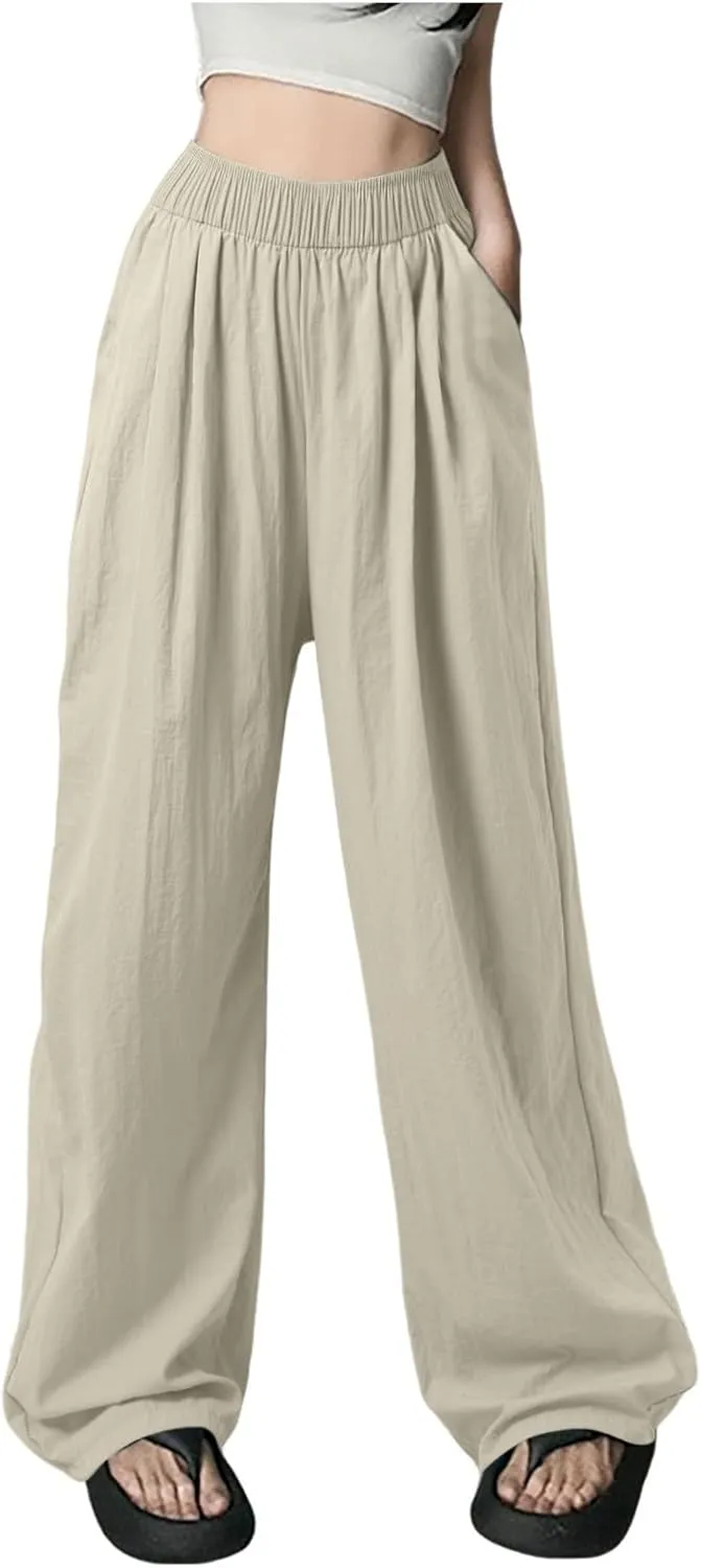 Palazzo Pants for Women Summer Casual Loose Fit High Elastic Waisted Tummy Control Pants Stretch Wide Leg Trousers
