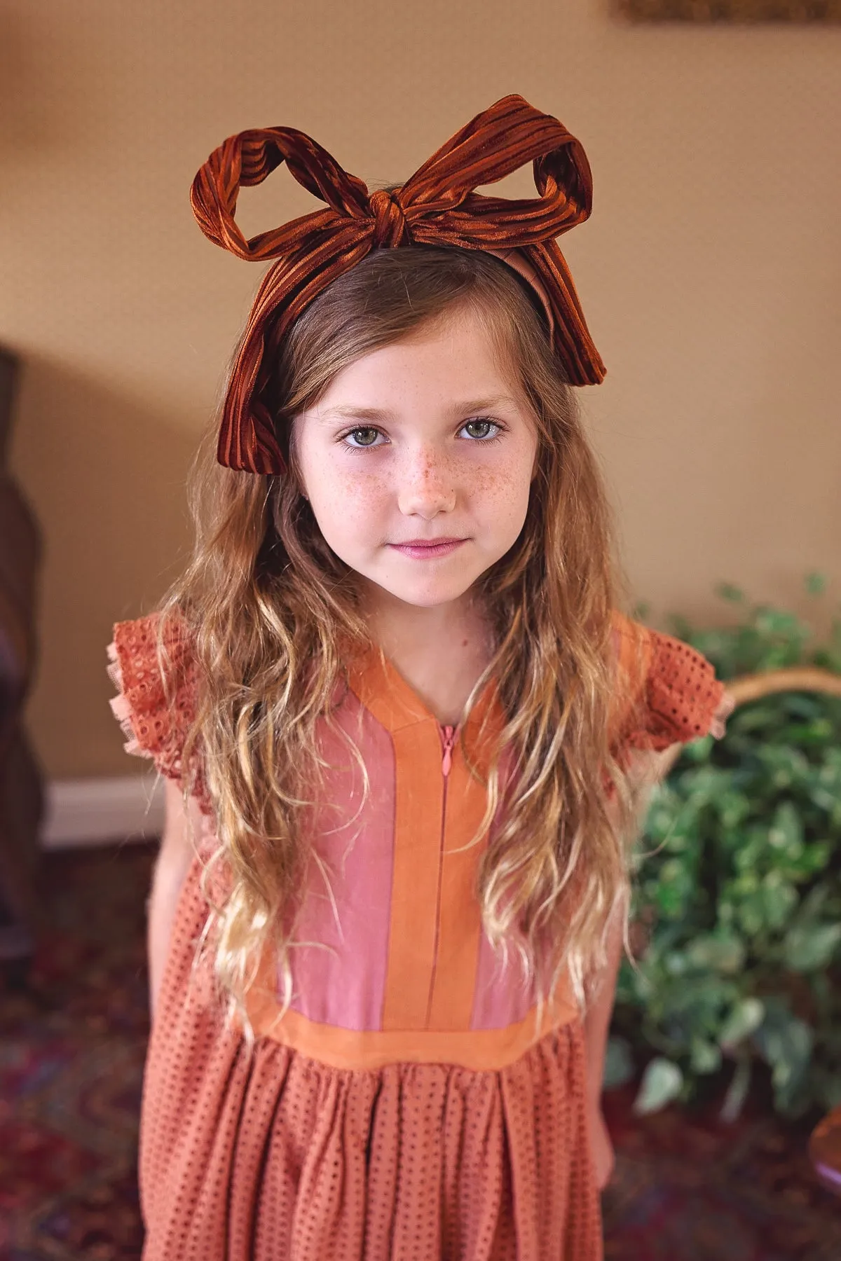 Party Bow Headband - Rust Velvet Stripe