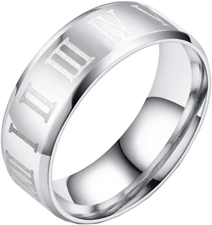 PAURO Unisex Stainless Steel Jewelry 8MM Classic Roman Numerals Couple Ring Wedding Band