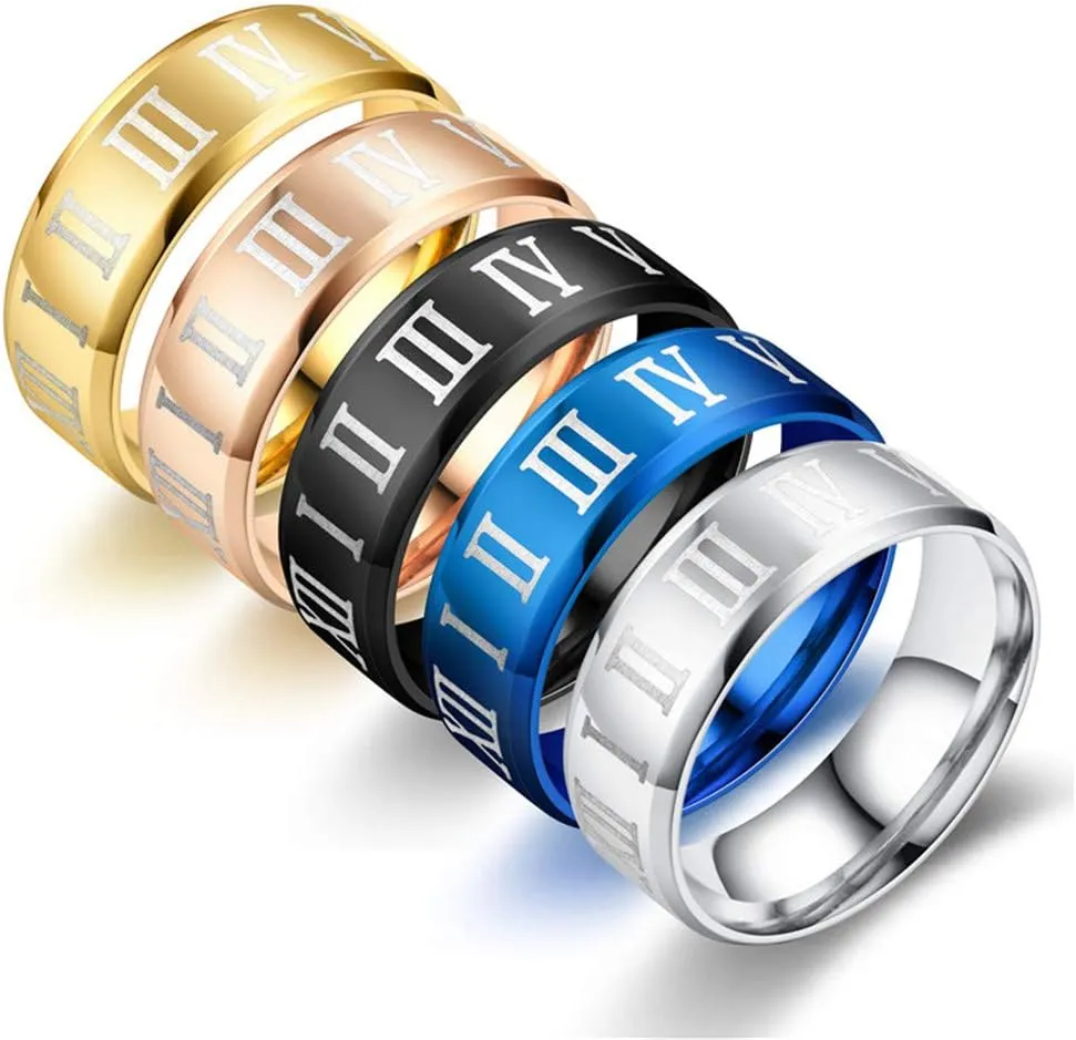 PAURO Unisex Stainless Steel Jewelry 8MM Classic Roman Numerals Couple Ring Wedding Band