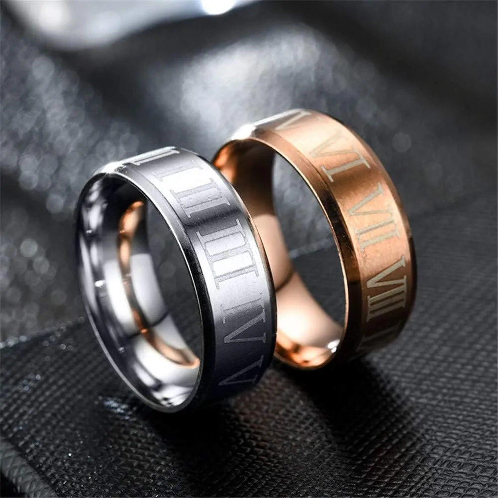 PAURO Unisex Stainless Steel Jewelry 8MM Classic Roman Numerals Couple Ring Wedding Band