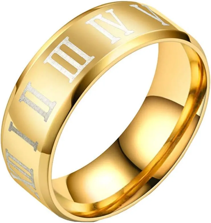 PAURO Unisex Stainless Steel Jewelry 8MM Classic Roman Numerals Couple Ring Wedding Band