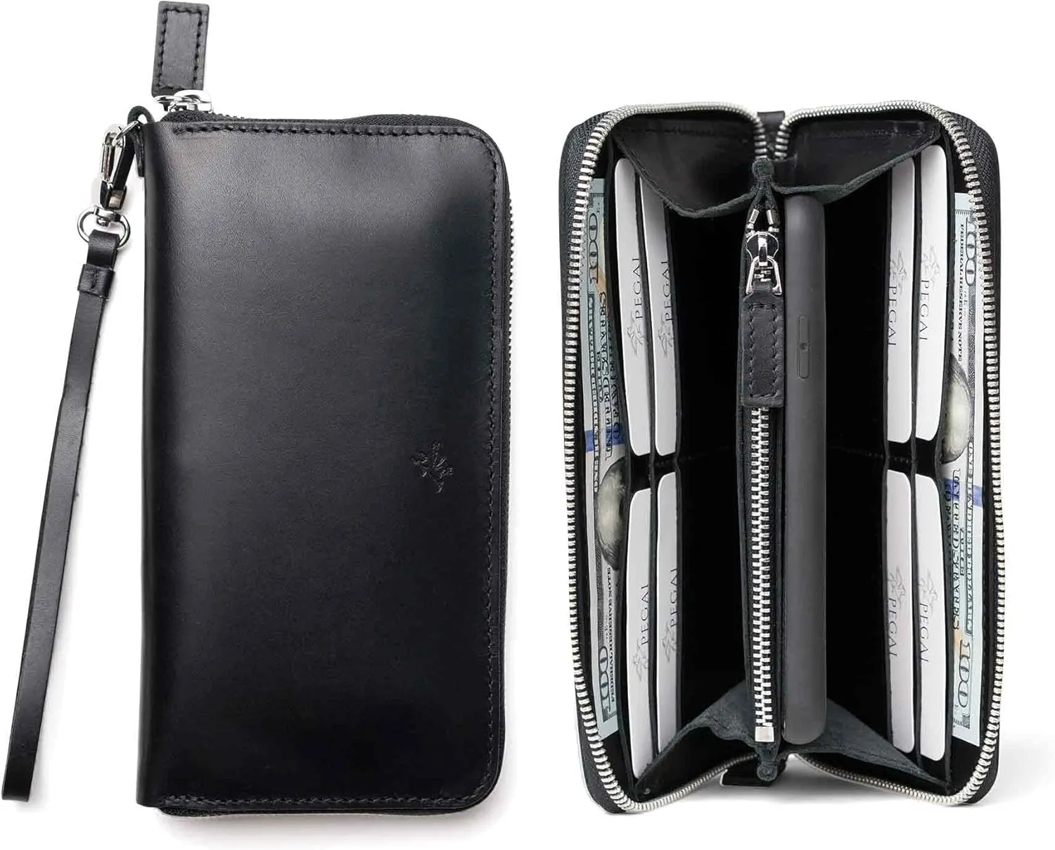 PEGAI Leather Large Capacity Wristlet Wallets For Women | Zip Around Full-Grain Phone Wallet | Clutch Purses for Women With Credit Card Holder, Coin Purse and Cash Slot | KARLA (Black)