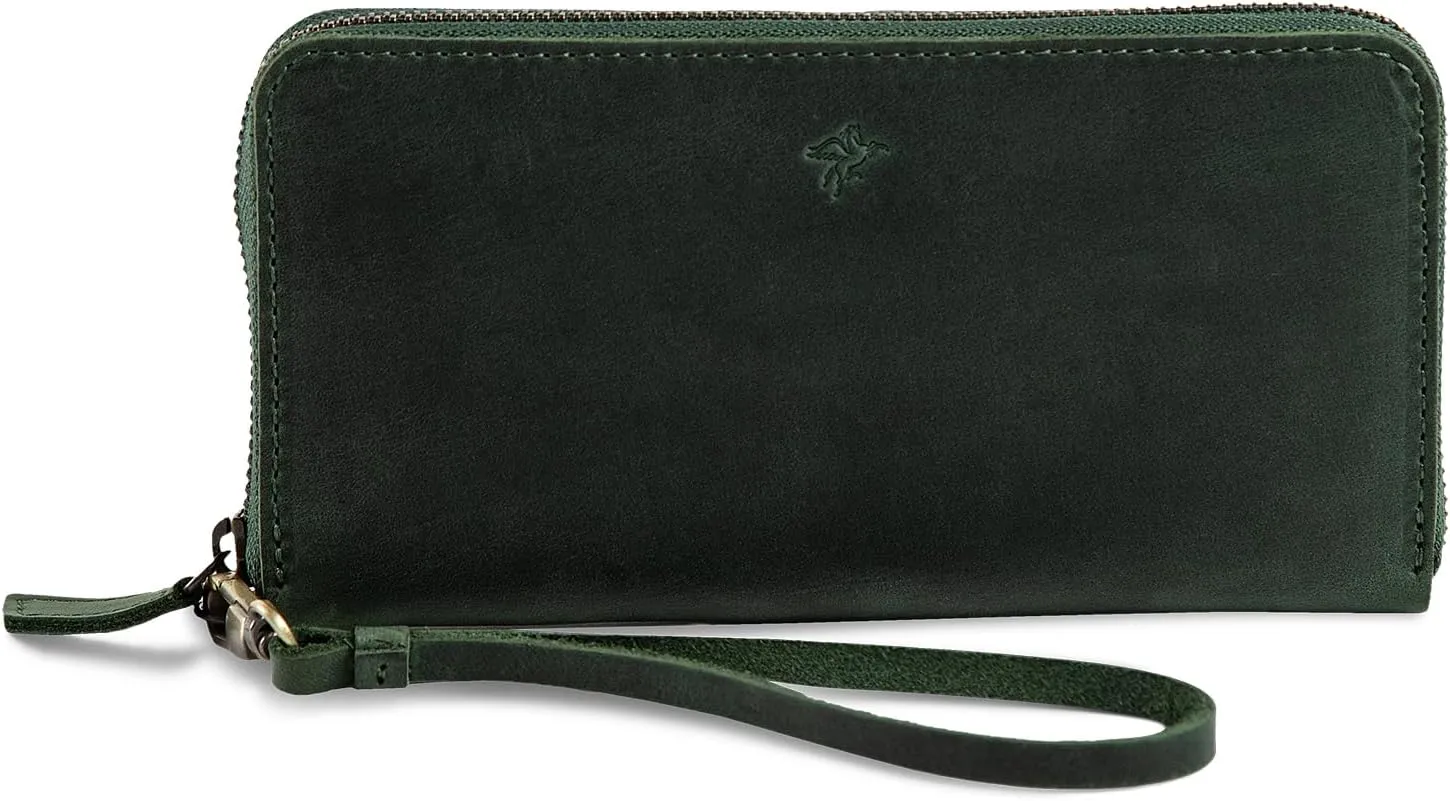 PEGAI Leather Large Capacity Wristlet Wallets For Women | Zip Around Full-Grain Phone Wallet | Clutch Purses for Women With Credit Card Holder, Coin Purse and Cash Slot | KARLA (Green)