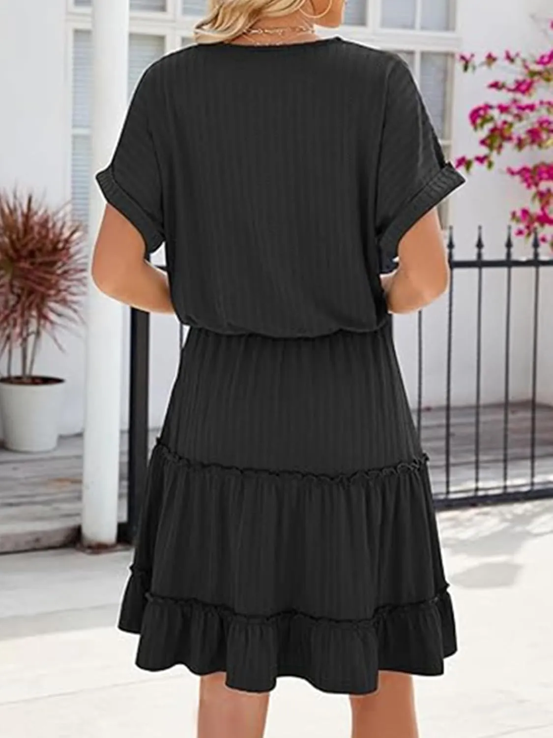 PerZeal Women's Casual V Neck Short Sleeve Tiered Dress Ruffle Hem A-Line Flowy Swing Midi Dresses