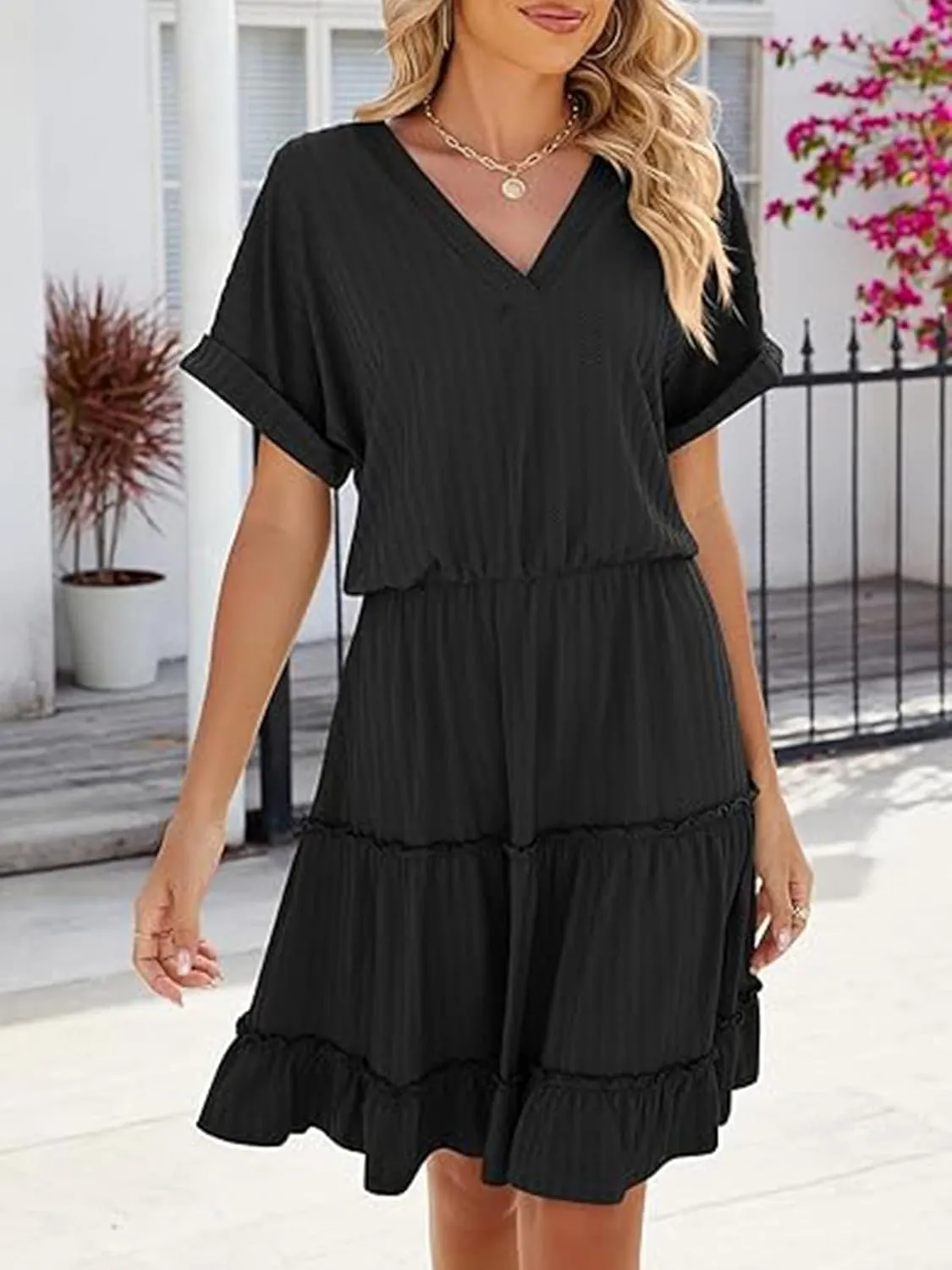 PerZeal Women's Casual V Neck Short Sleeve Tiered Dress Ruffle Hem A-Line Flowy Swing Midi Dresses