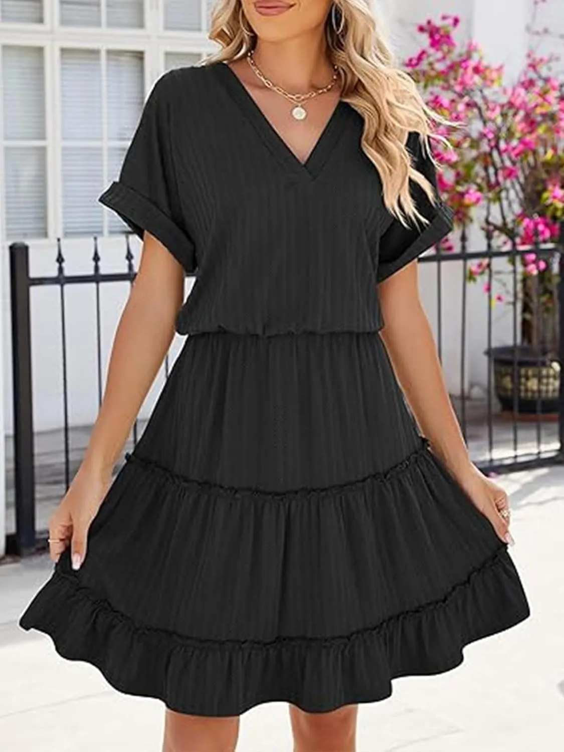 PerZeal Women's Casual V Neck Short Sleeve Tiered Dress Ruffle Hem A-Line Flowy Swing Midi Dresses