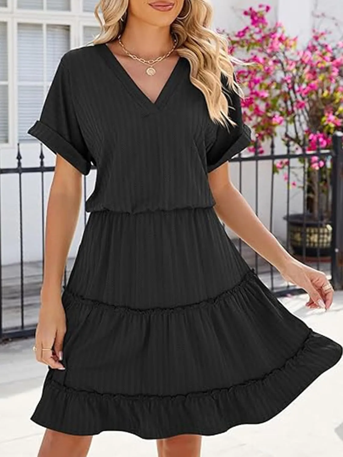 PerZeal Women's Casual V Neck Short Sleeve Tiered Dress Ruffle Hem A-Line Flowy Swing Midi Dresses
