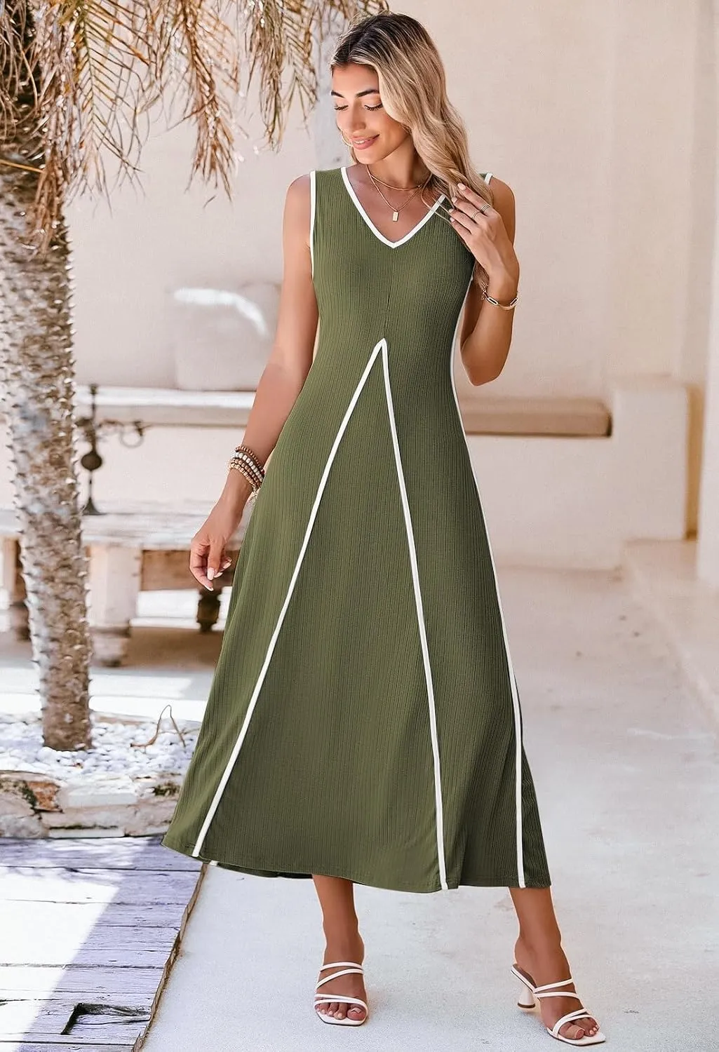 Pink Queen Women's Casual Loose Sundress Long Dress V Neck Sleeveless Backless Maxi Dresses Summer Beach Dress