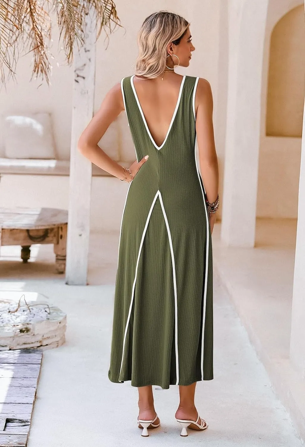 Pink Queen Women's Casual Loose Sundress Long Dress V Neck Sleeveless Backless Maxi Dresses Summer Beach Dress