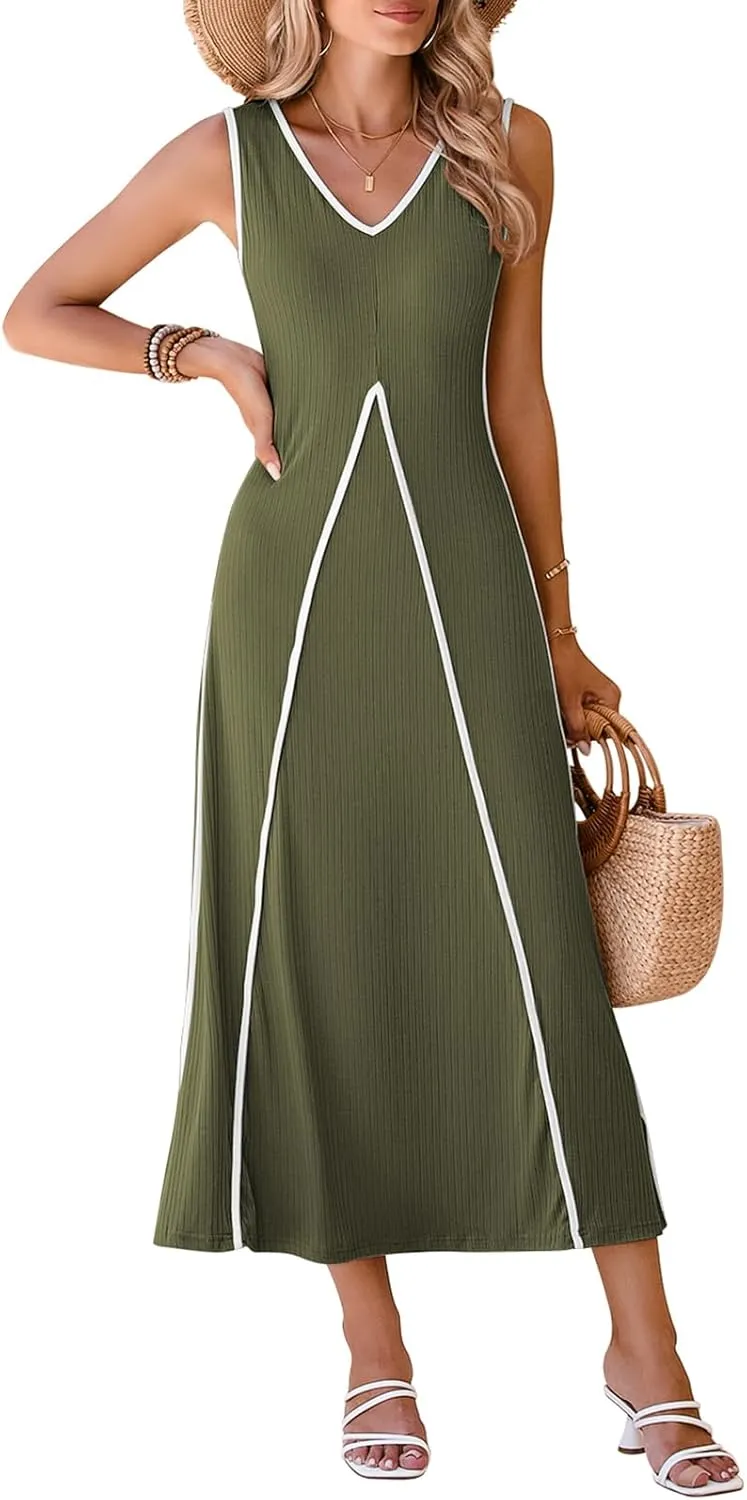 Pink Queen Women's Casual Loose Sundress Long Dress V Neck Sleeveless Backless Maxi Dresses Summer Beach Dress