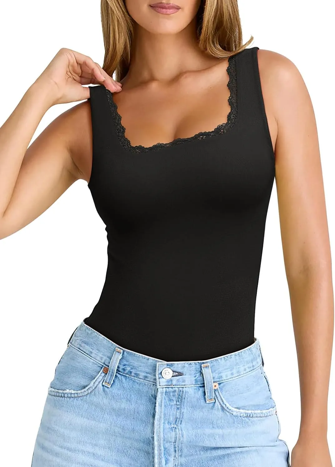 PINKMSTYLE Womens Square Neck Lace Tank Tops Double Lined Sleeveless Cute Going Out Tops