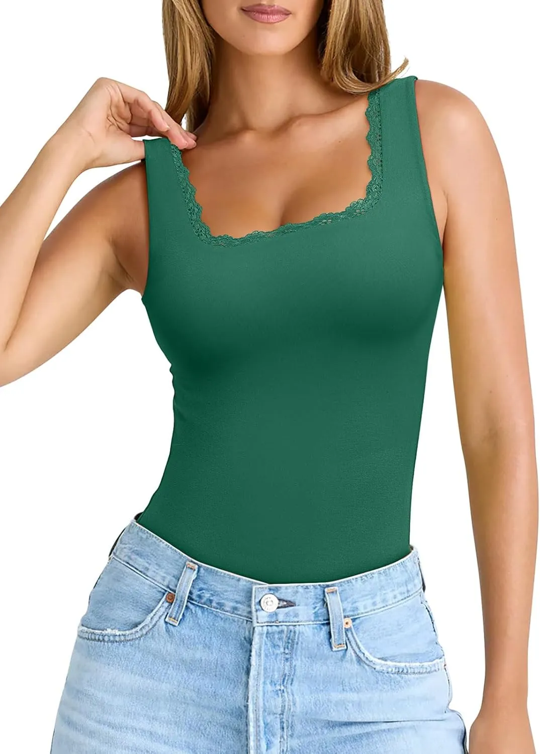PINKMSTYLE Womens Square Neck Lace Tank Tops Double Lined Sleeveless Cute Going Out Tops