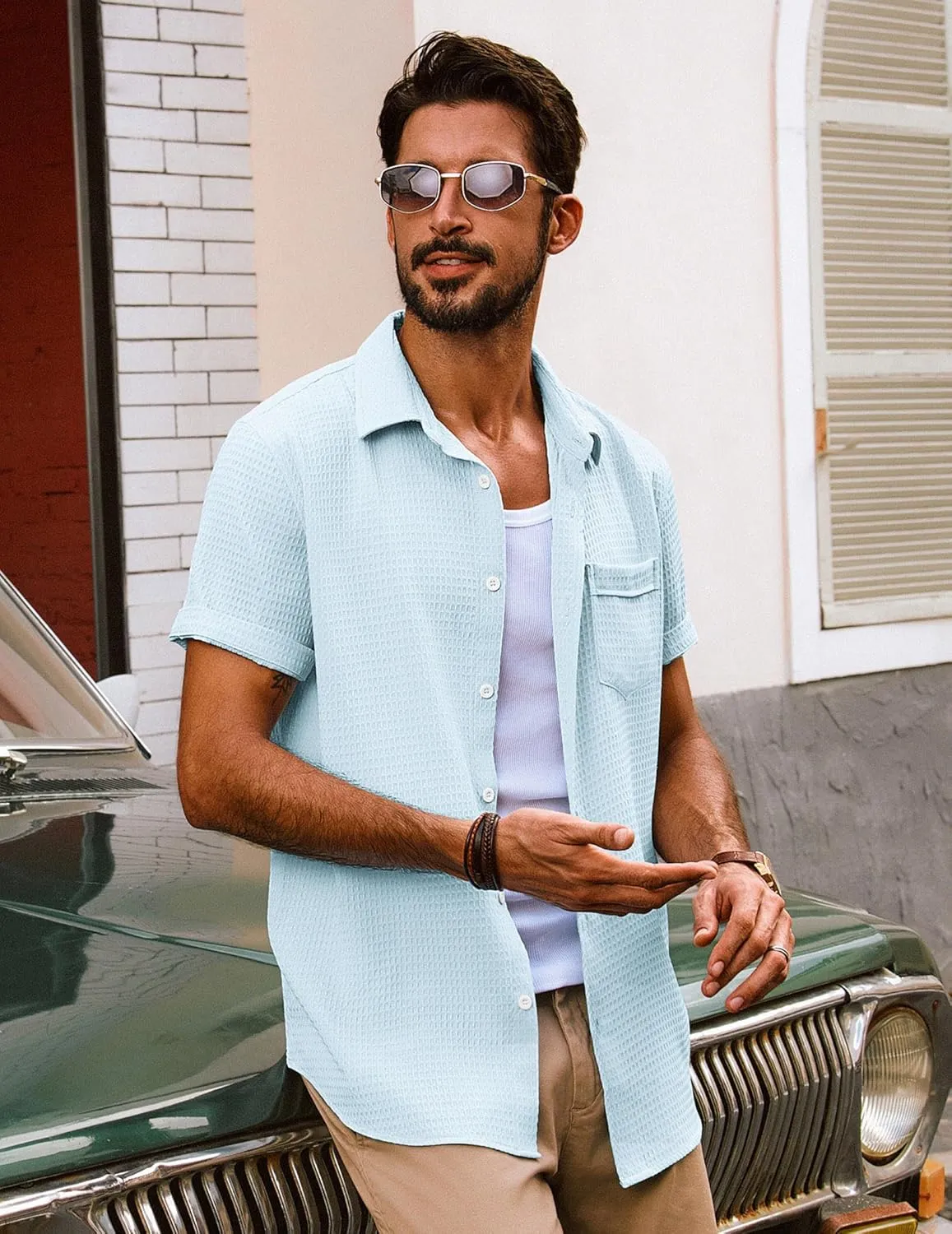 PJ PAUL JONES Mens Short Sleeve Button Down Shirts Casual Waffle Textured Loose Fit Summer Beach Shirt