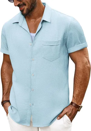 PJ PAUL JONES Mens Short Sleeve Button Down Shirts Casual Waffle Textured Loose Fit Summer Beach Shirt
