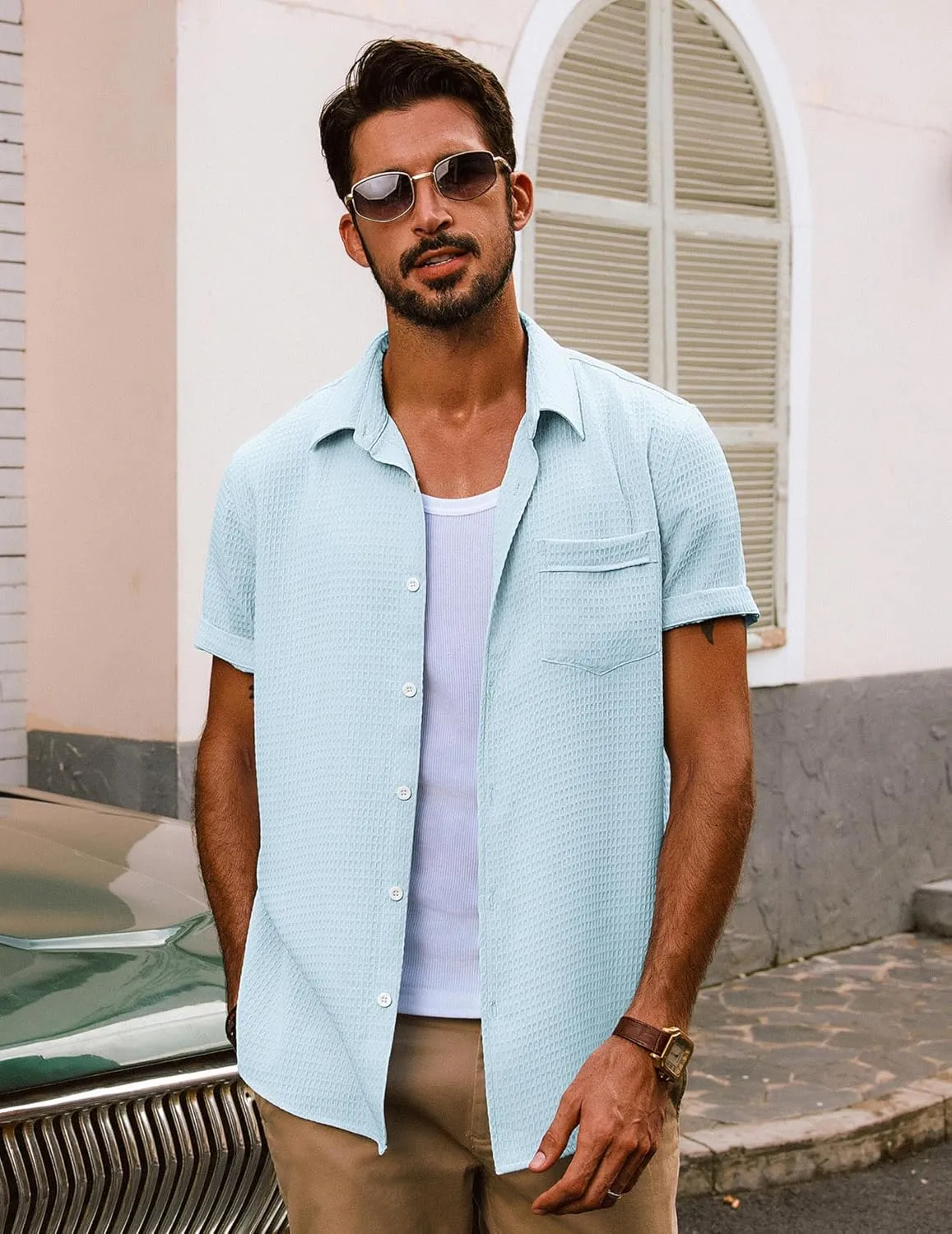 PJ PAUL JONES Mens Short Sleeve Button Down Shirts Casual Waffle Textured Loose Fit Summer Beach Shirt