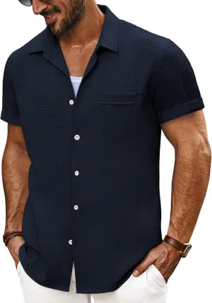 PJ PAUL JONES Mens Short Sleeve Button Down Shirts Casual Waffle Textured Loose Fit Summer Beach Shirt
