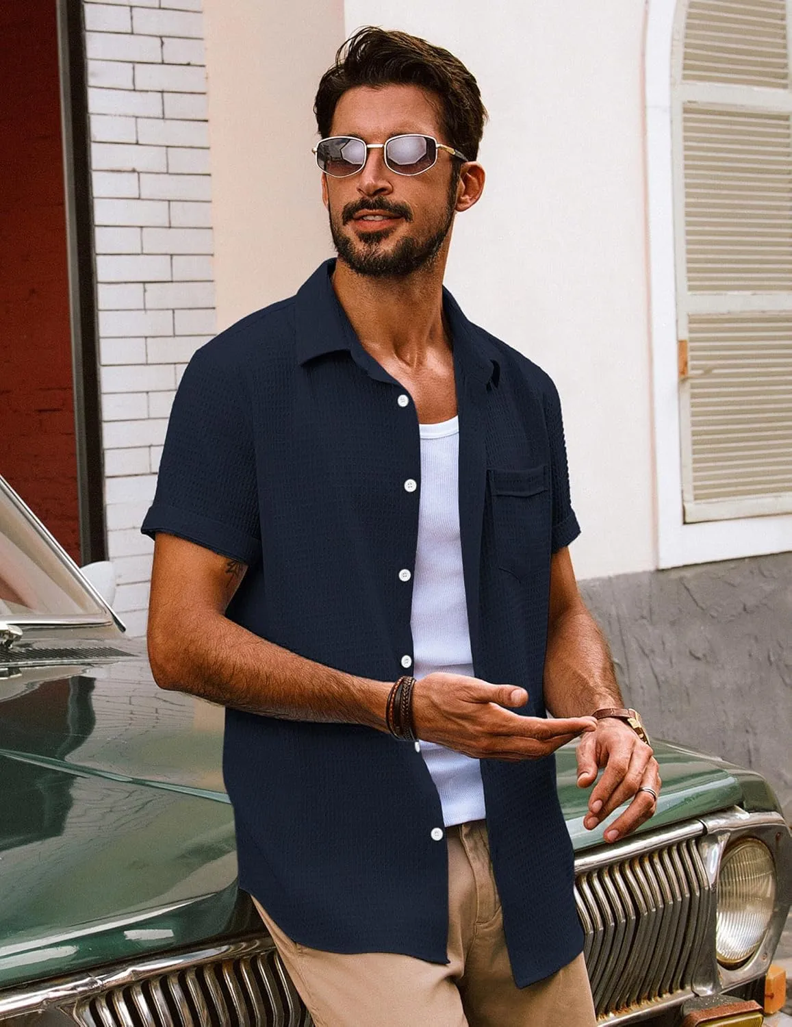 PJ PAUL JONES Mens Short Sleeve Button Down Shirts Casual Waffle Textured Loose Fit Summer Beach Shirt