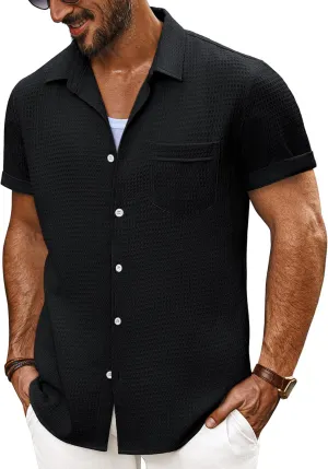 PJ PAUL JONES Mens Short Sleeve Button Down Shirts Casual Waffle Textured Loose Fit Summer Beach Shirt