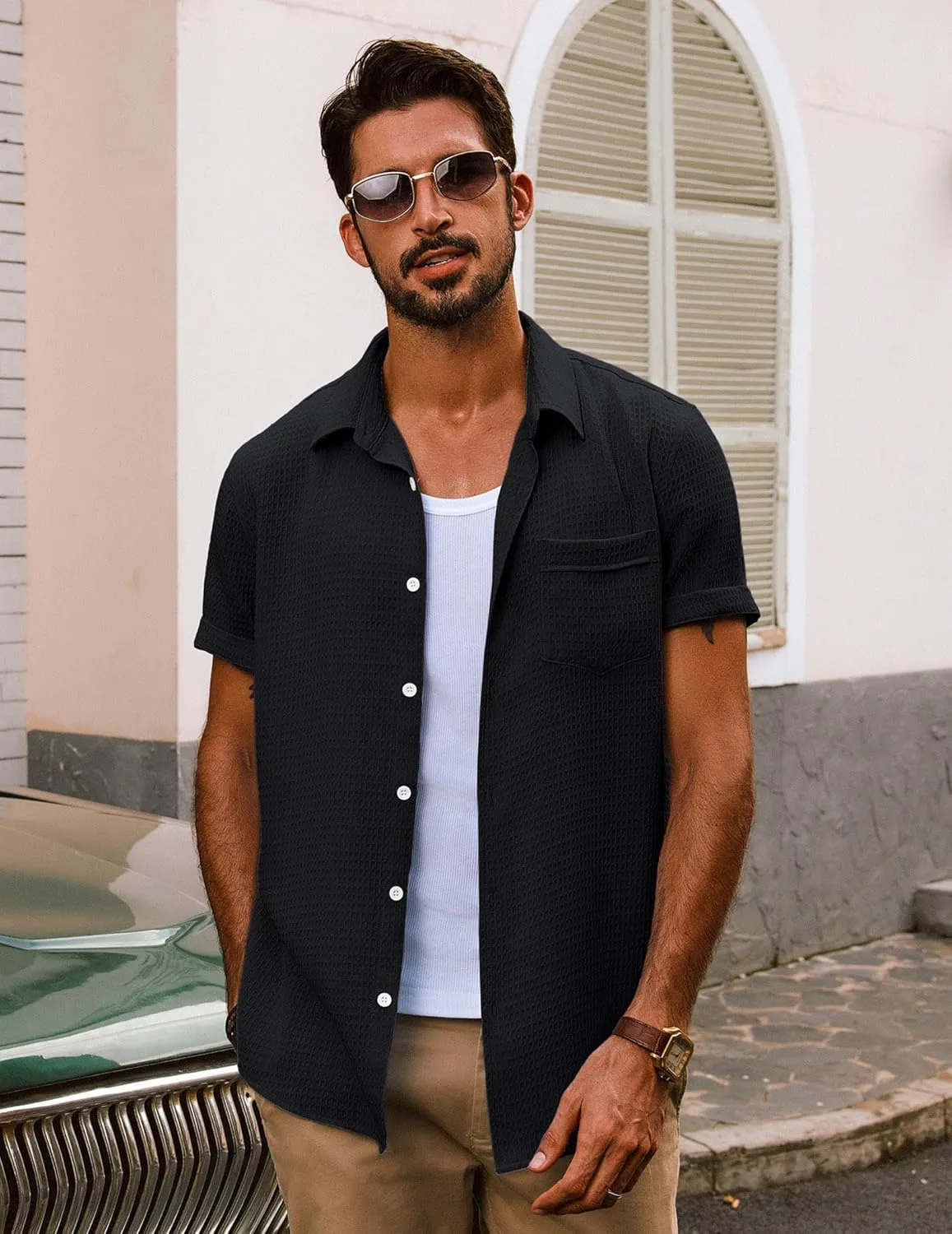 PJ PAUL JONES Mens Short Sleeve Button Down Shirts Casual Waffle Textured Loose Fit Summer Beach Shirt