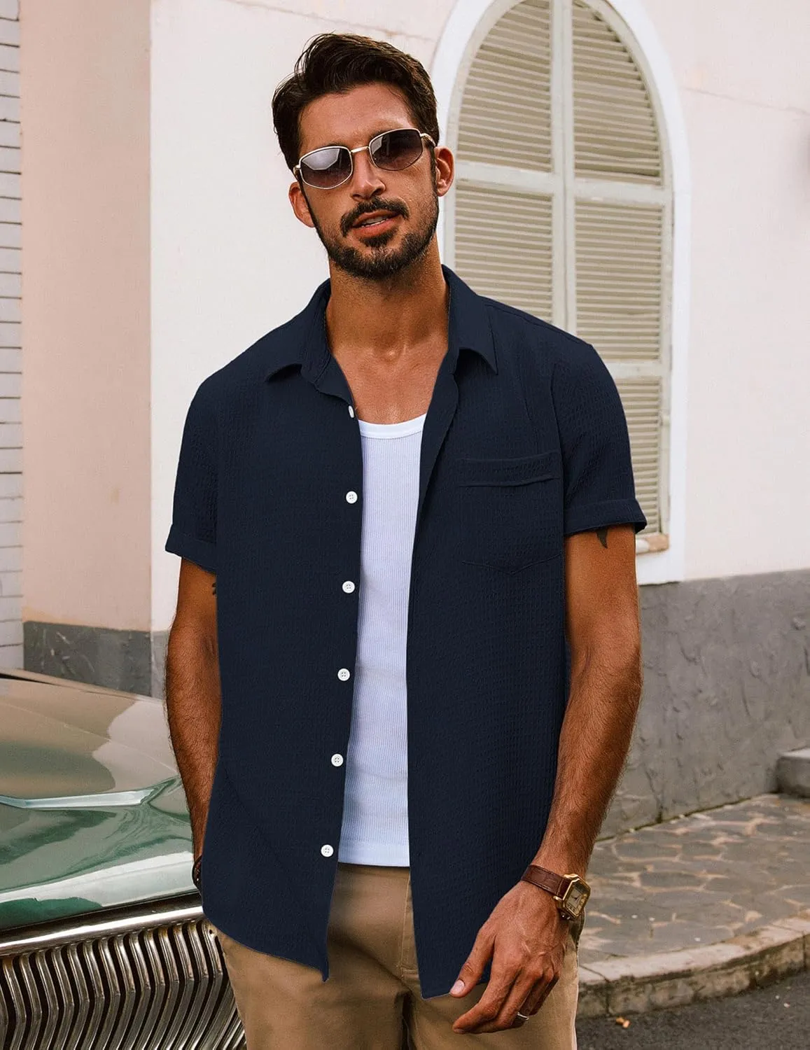 PJ PAUL JONES Mens Short Sleeve Button Down Shirts Casual Waffle Textured Loose Fit Summer Beach Shirt