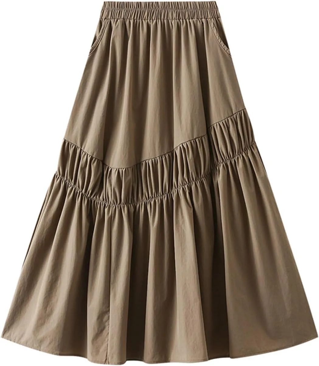 Pleated Skirt for Women with Pockets Midi Long Tiered A-Line Skirt High Waist All-Match Solid Color Long Skirts
