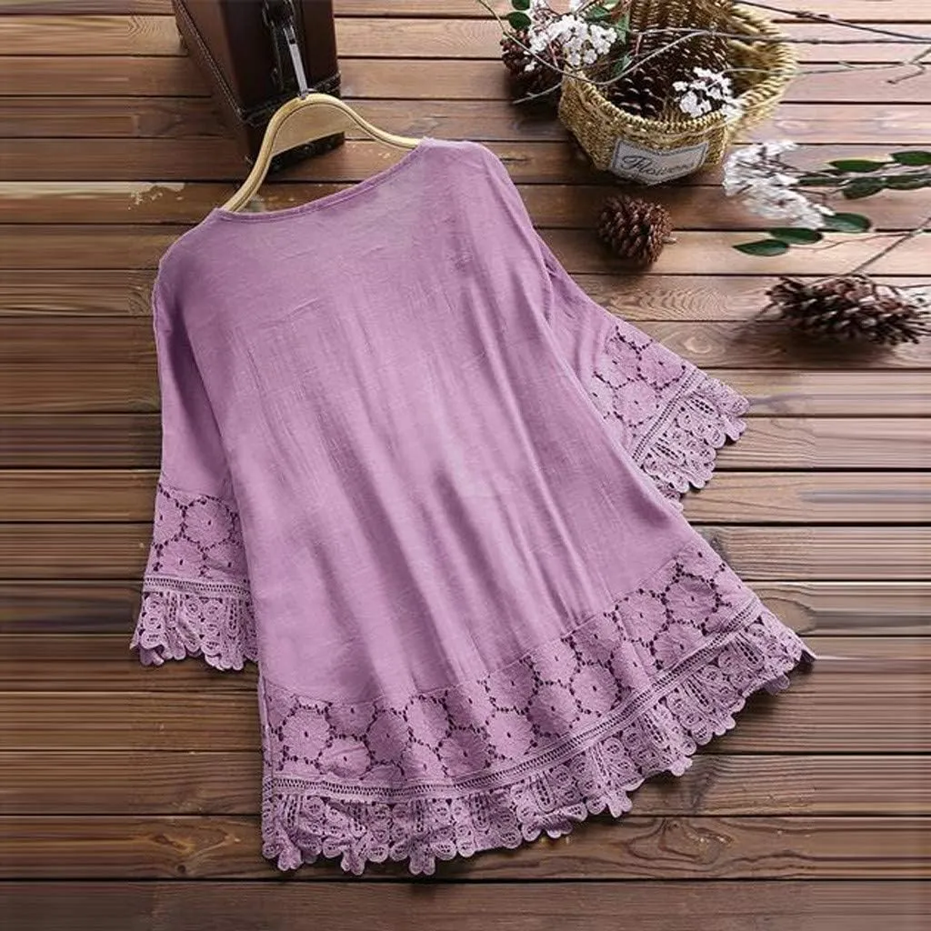 Plus Size Cotton Linen Tops Women Floral Decor Lace Shirts Cute Boho Tunic Tops Half Sleeve Tees Holiday Pullovers