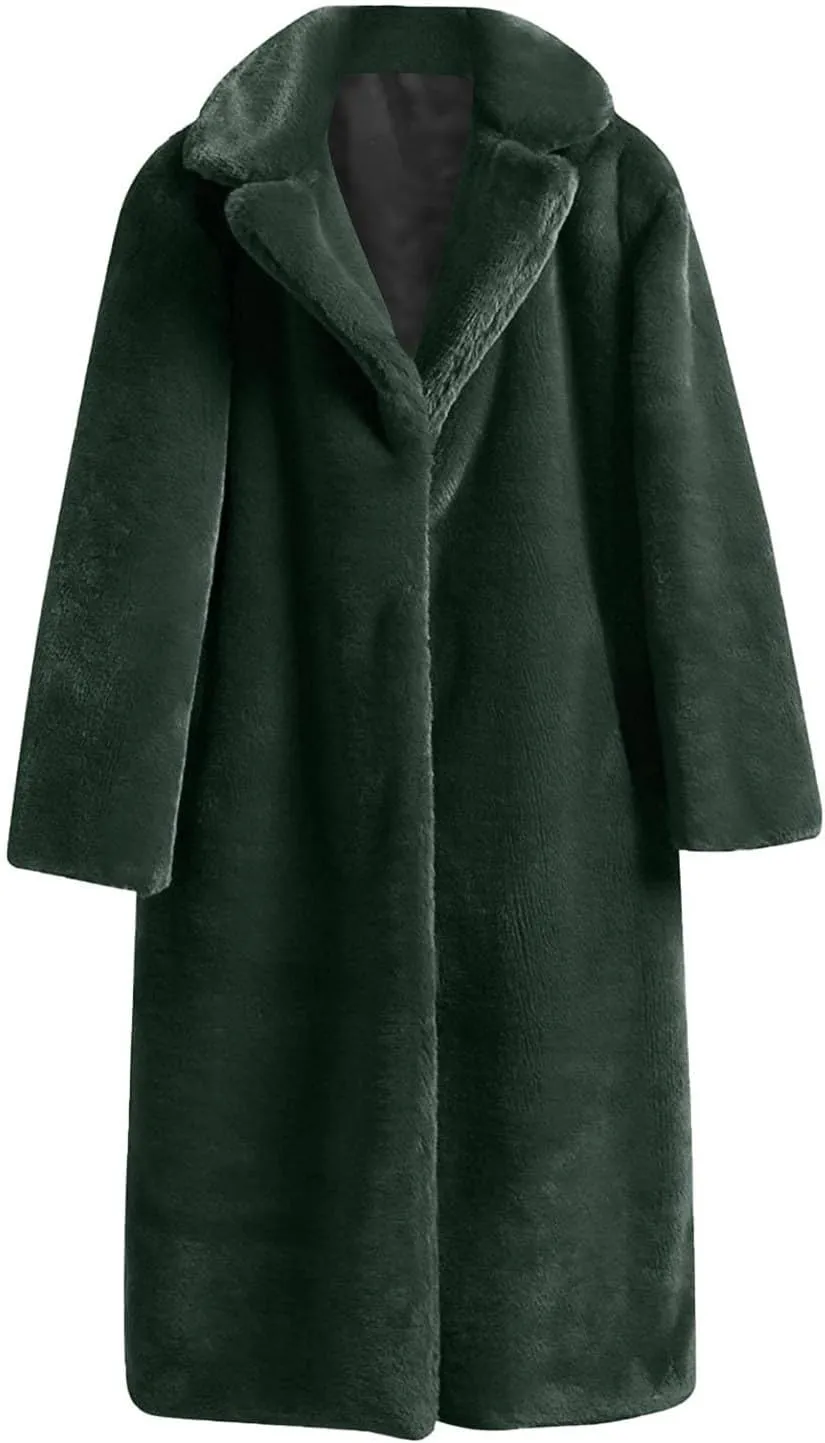 Plus Size Faux Fur Jackets for Women Winter Warm Thermal Shaggy Coats Long Sleeve Notched Lapel Collar Cozy Outwear