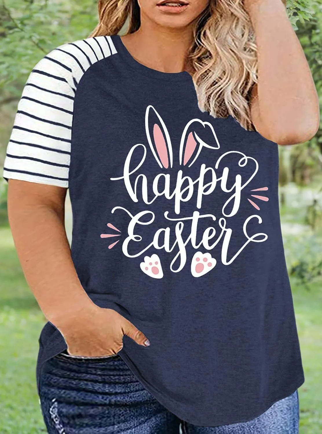 Plus Size Happy Easter T-Shirt for Women Bunny Rabbit Graphic Tees Funny Letter Print Short Sleeve Shirts Tops