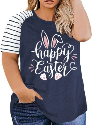 Plus Size Happy Easter T-Shirt for Women Bunny Rabbit Graphic Tees Funny Letter Print Short Sleeve Shirts Tops