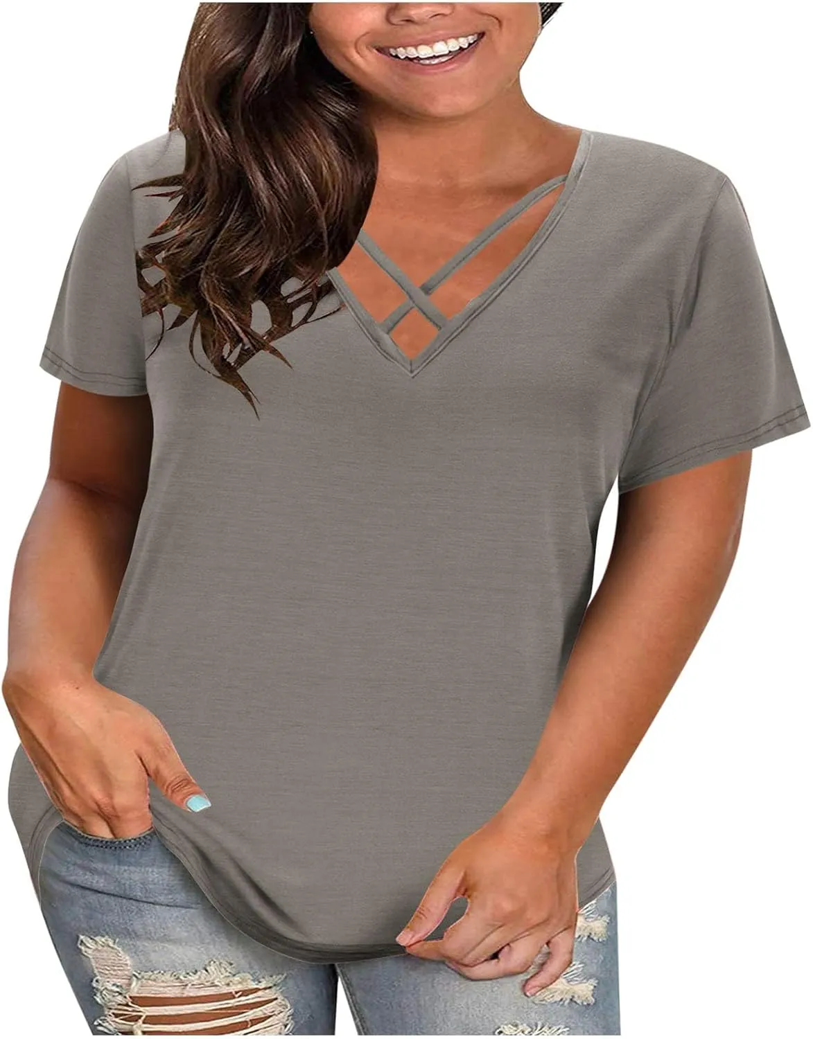 Plus Size Tops for Women Summer Short Sleeve Sexy V Neck Criss Cross T-Shirt Casual Loose Tunic Shirts Soft Solid Tee