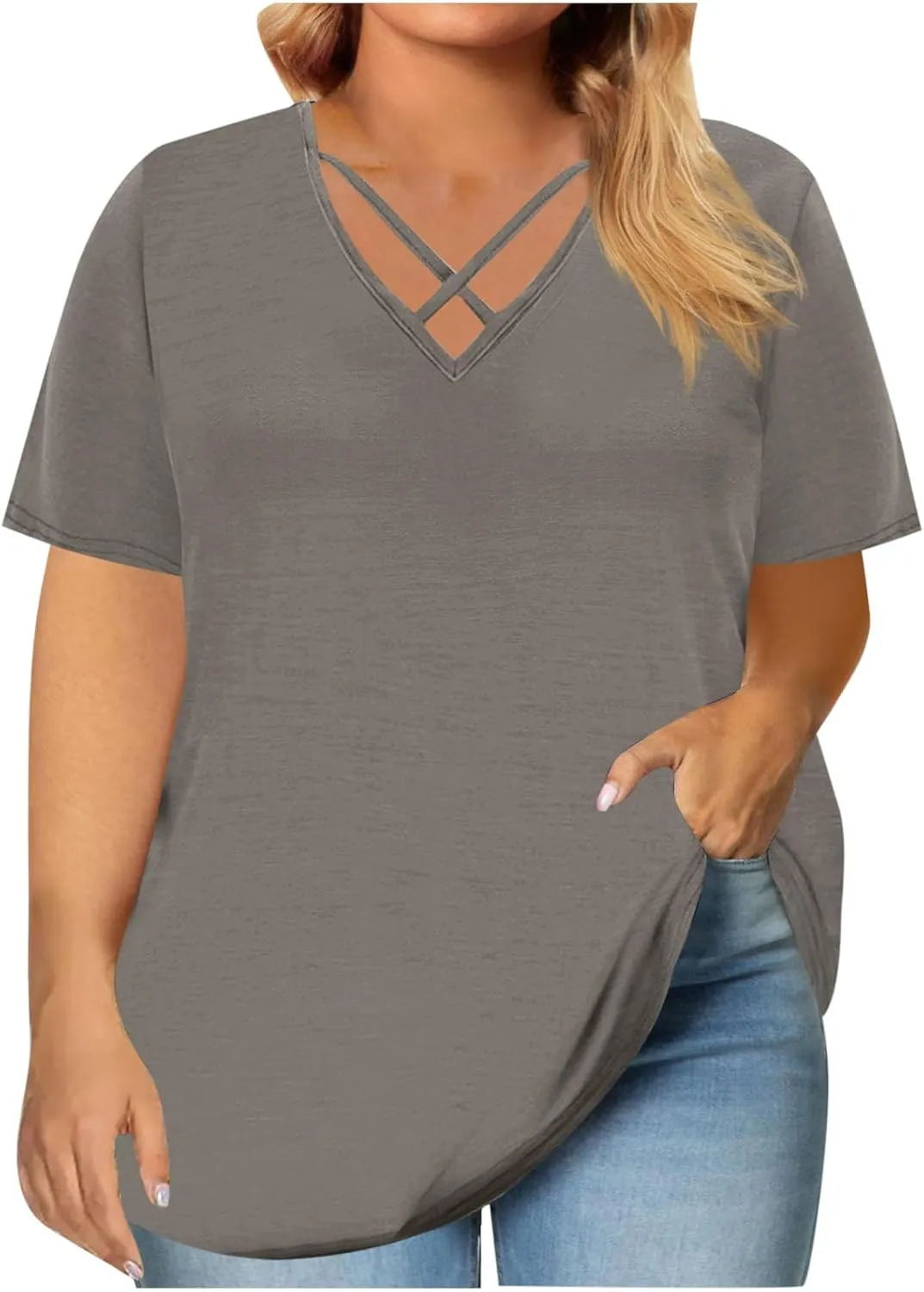 Plus Size Tops for Women Summer Short Sleeve Sexy V Neck Criss Cross T-Shirt Casual Loose Tunic Shirts Soft Solid Tee