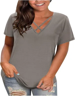 Plus Size Tops for Women Summer Short Sleeve Sexy V Neck Criss Cross T-Shirt Casual Loose Tunic Shirts Soft Solid Tee