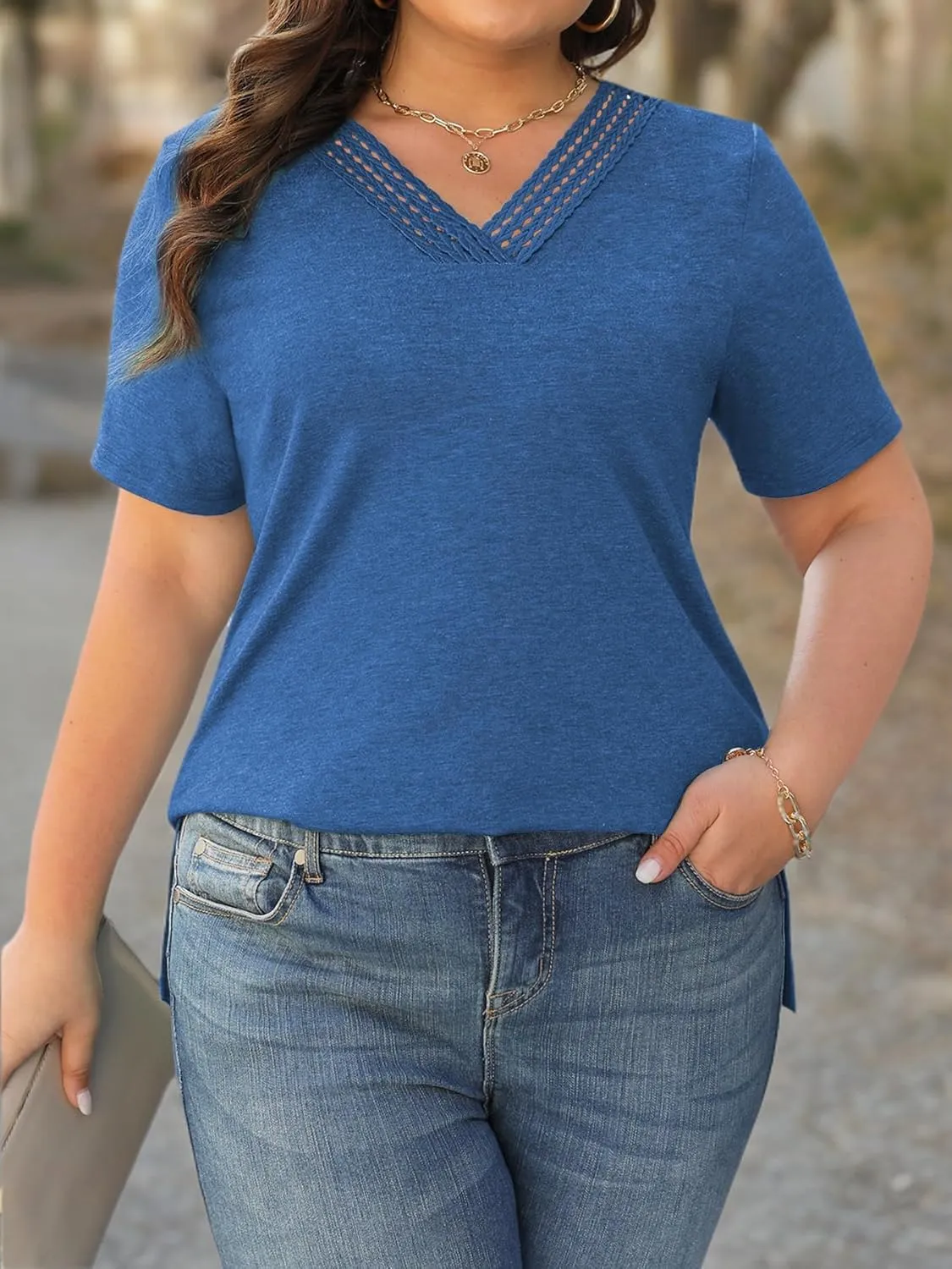 Plus Size Tops for Women Summer Trendy Short Sleeve Shirts Lace Crochet V Neck T Shirts Blouses Tunics Fashion Outfits