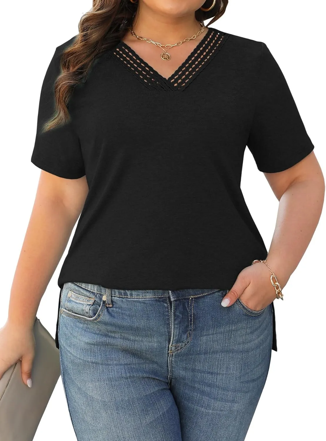 Plus Size Tops for Women Summer Trendy Short Sleeve Shirts Lace Crochet V Neck T Shirts Blouses Tunics Fashion Outfits
