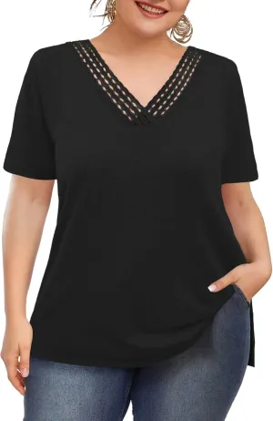 Plus Size Tops for Women Summer Trendy Short Sleeve Shirts Lace Crochet V Neck T Shirts Blouses Tunics Fashion Outfits