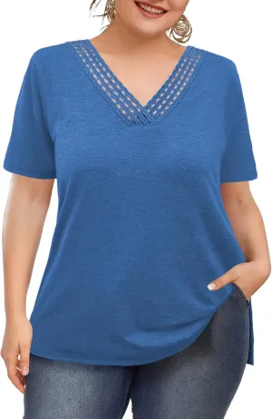 Plus Size Tops for Women Summer Trendy Short Sleeve Shirts Lace Crochet V Neck T Shirts Blouses Tunics Fashion Outfits