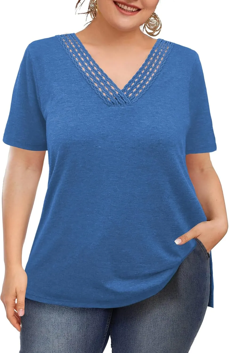 Plus Size Tops for Women Summer Trendy Short Sleeve Shirts Lace Crochet V Neck T Shirts Blouses Tunics Fashion Outfits