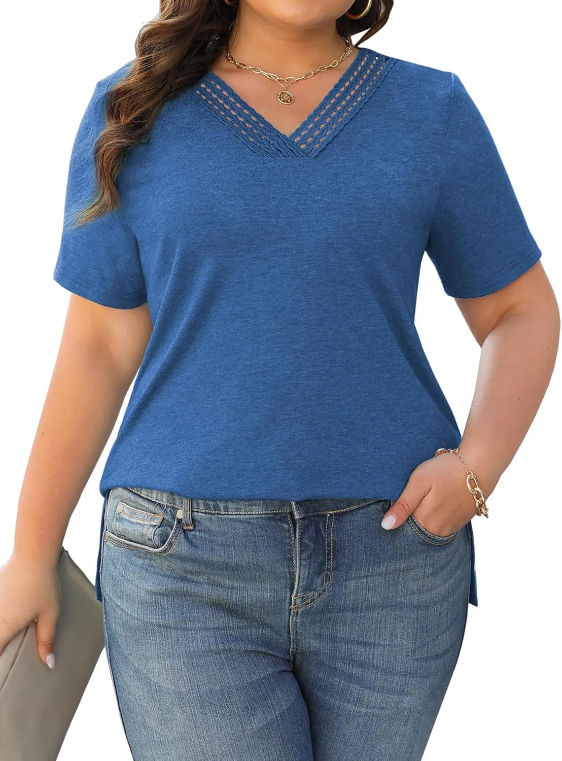 Plus Size Tops for Women Summer Trendy Short Sleeve Shirts Lace Crochet V Neck T Shirts Blouses Tunics Fashion Outfits