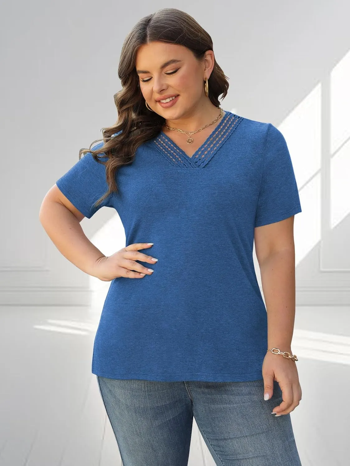 Plus Size Tops for Women Summer Trendy Short Sleeve Shirts Lace Crochet V Neck T Shirts Blouses Tunics Fashion Outfits