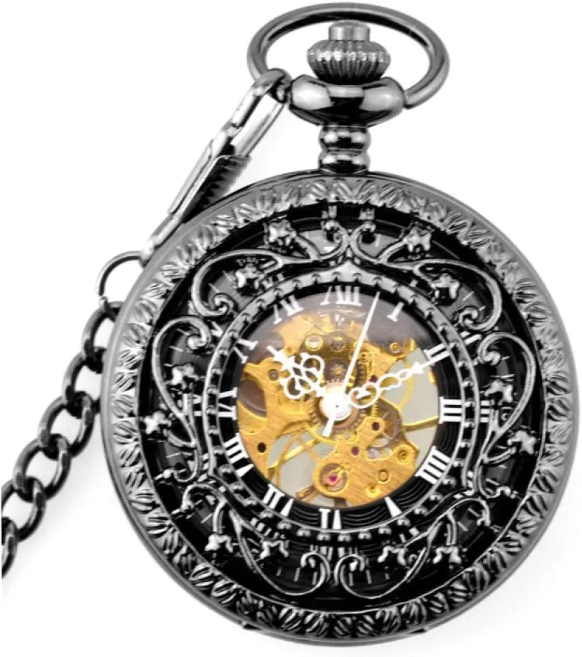 Pocket Watch Vintage Hollow Carved Flowers Men Women Hand Winding Mechanical Pocket Watch Luxury Fashion Roman Numerals Watches