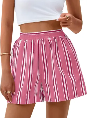 PRETTYGARDEN Boxer Shorts for Women 2025 Spring Striped PJ Y2K Casual Cotton Pajama Summer Lounge Sleep Bottoms with Pockets
