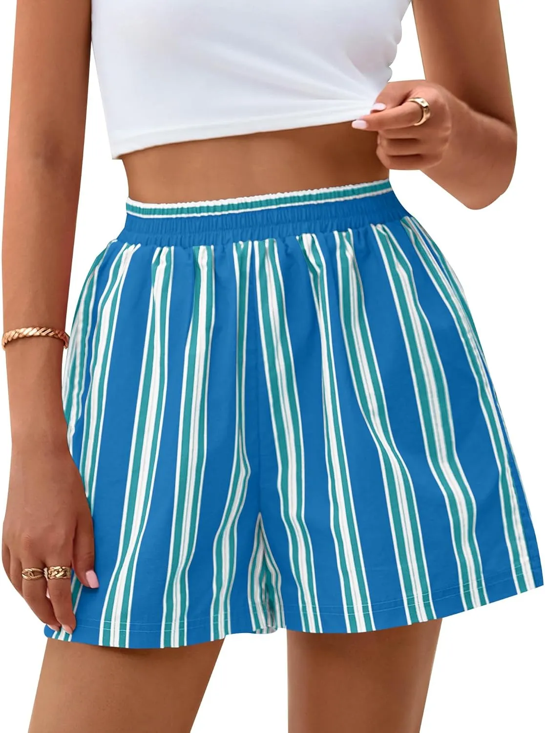 PRETTYGARDEN Boxer Shorts for Women 2025 Spring Striped PJ Y2K Casual Cotton Pajama Summer Lounge Sleep Bottoms with Pockets