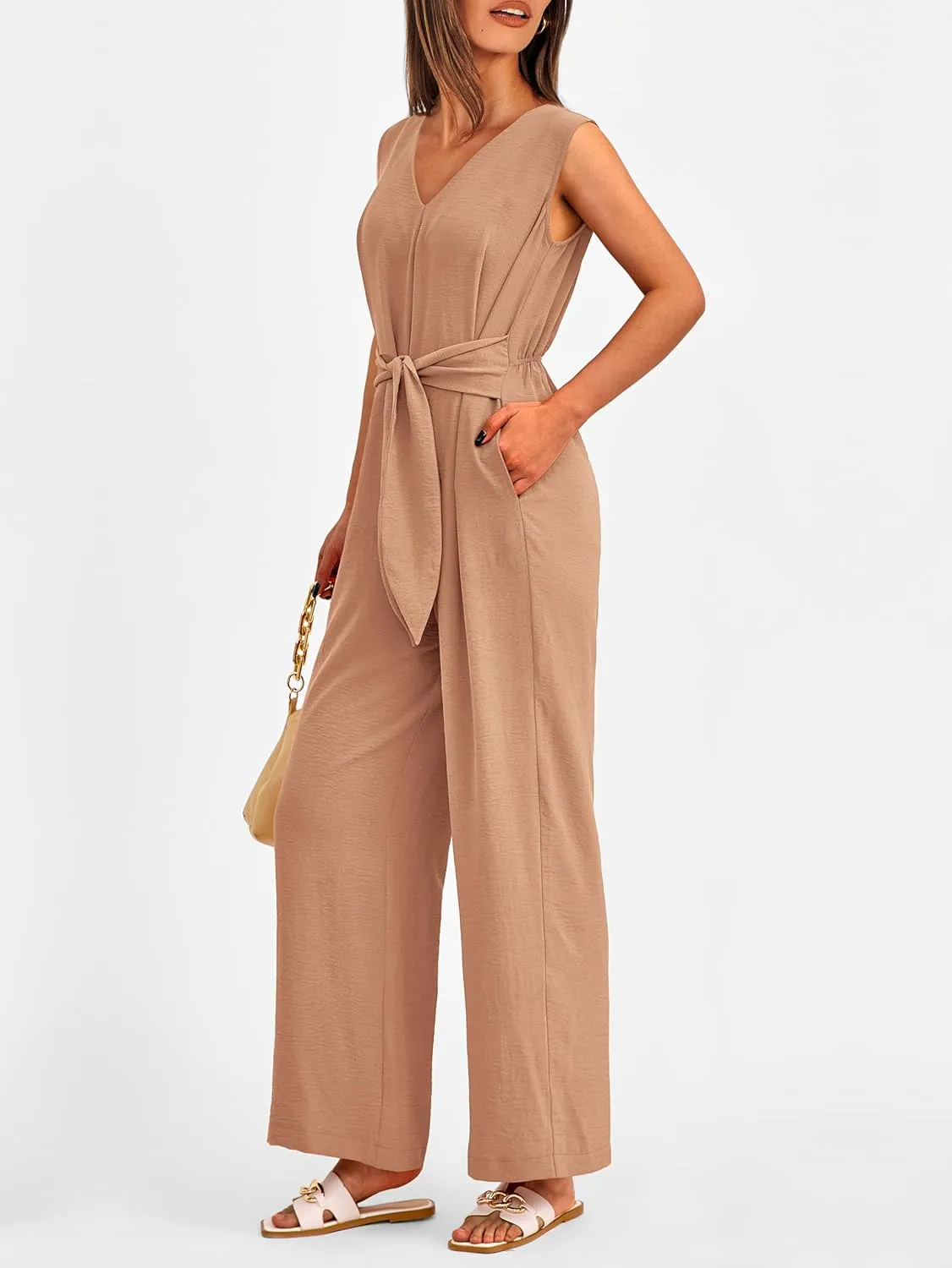 PRETTYGARDEN Summer Outfits 2025 Wide Leg Jumpsuits for Women Casual V Neck Sleeveless Belted High Waist Long Pants Rompers