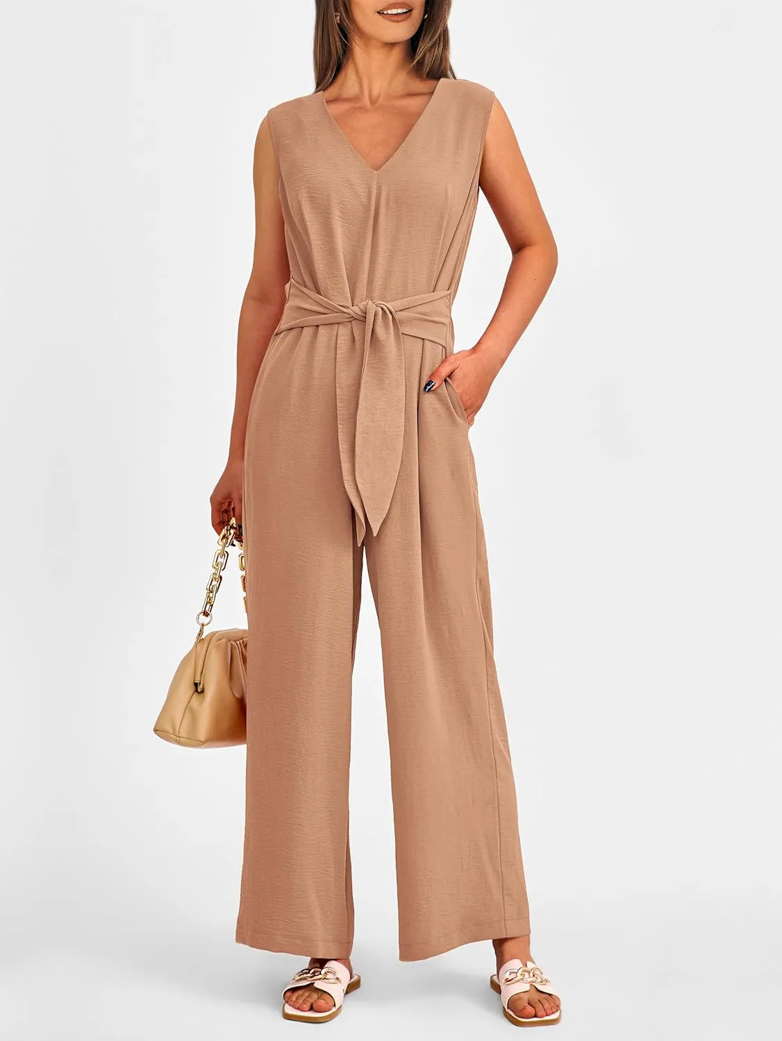 PRETTYGARDEN Summer Outfits 2025 Wide Leg Jumpsuits for Women Casual V Neck Sleeveless Belted High Waist Long Pants Rompers