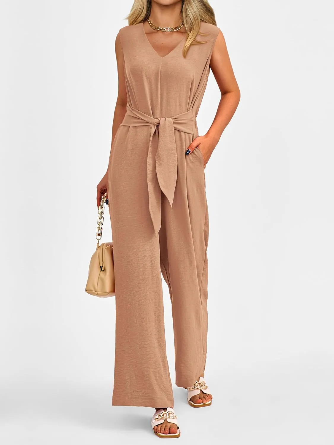 PRETTYGARDEN Summer Outfits 2025 Wide Leg Jumpsuits for Women Casual V Neck Sleeveless Belted High Waist Long Pants Rompers
