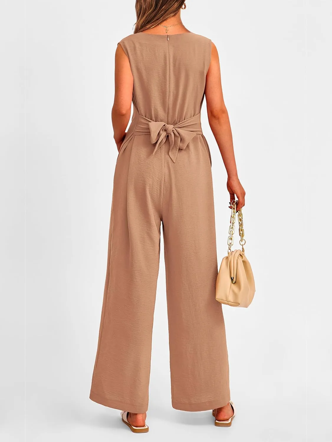 PRETTYGARDEN Summer Outfits 2025 Wide Leg Jumpsuits for Women Casual V Neck Sleeveless Belted High Waist Long Pants Rompers
